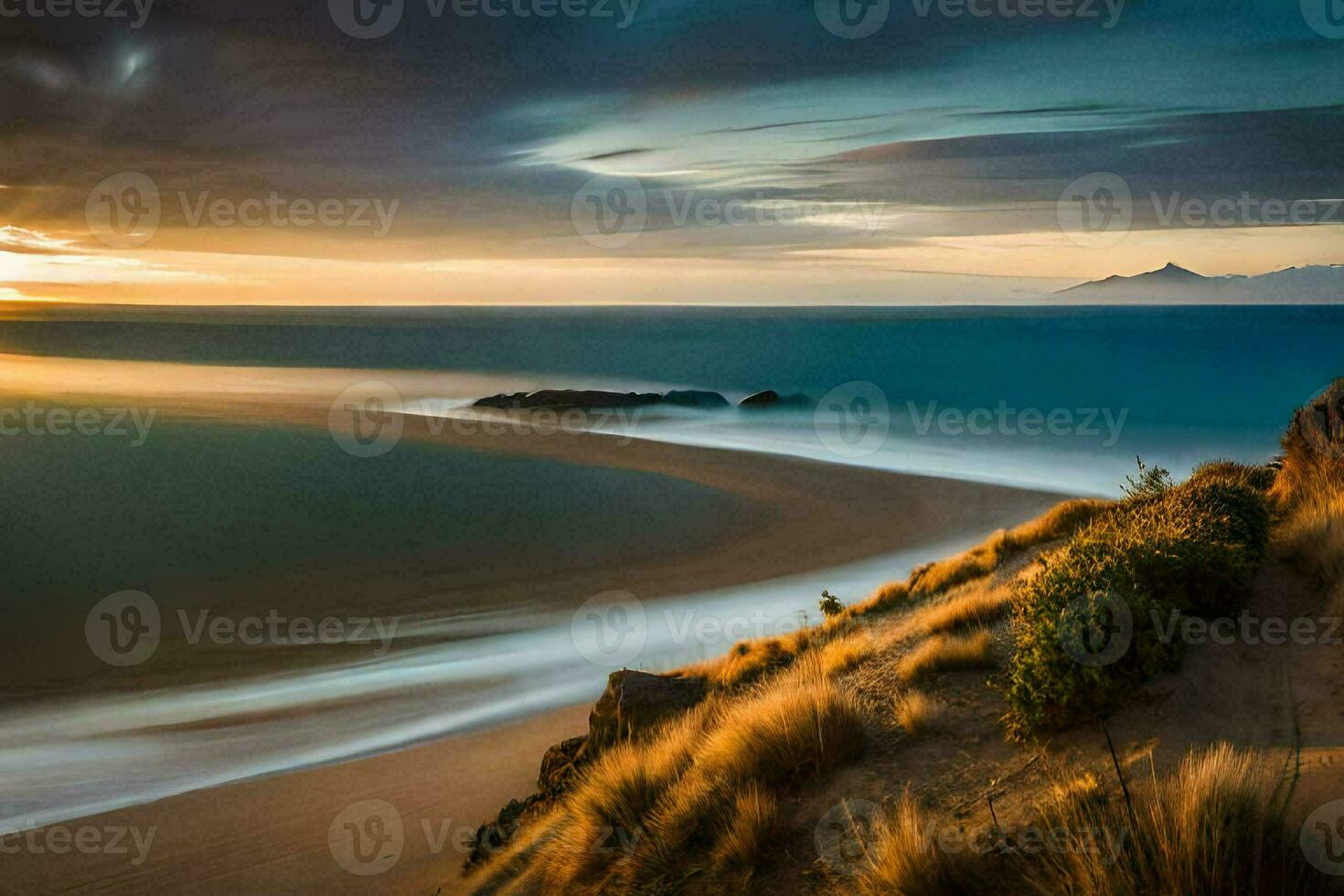 the sun sets over the ocean and sand dunes. AI-Generated photo