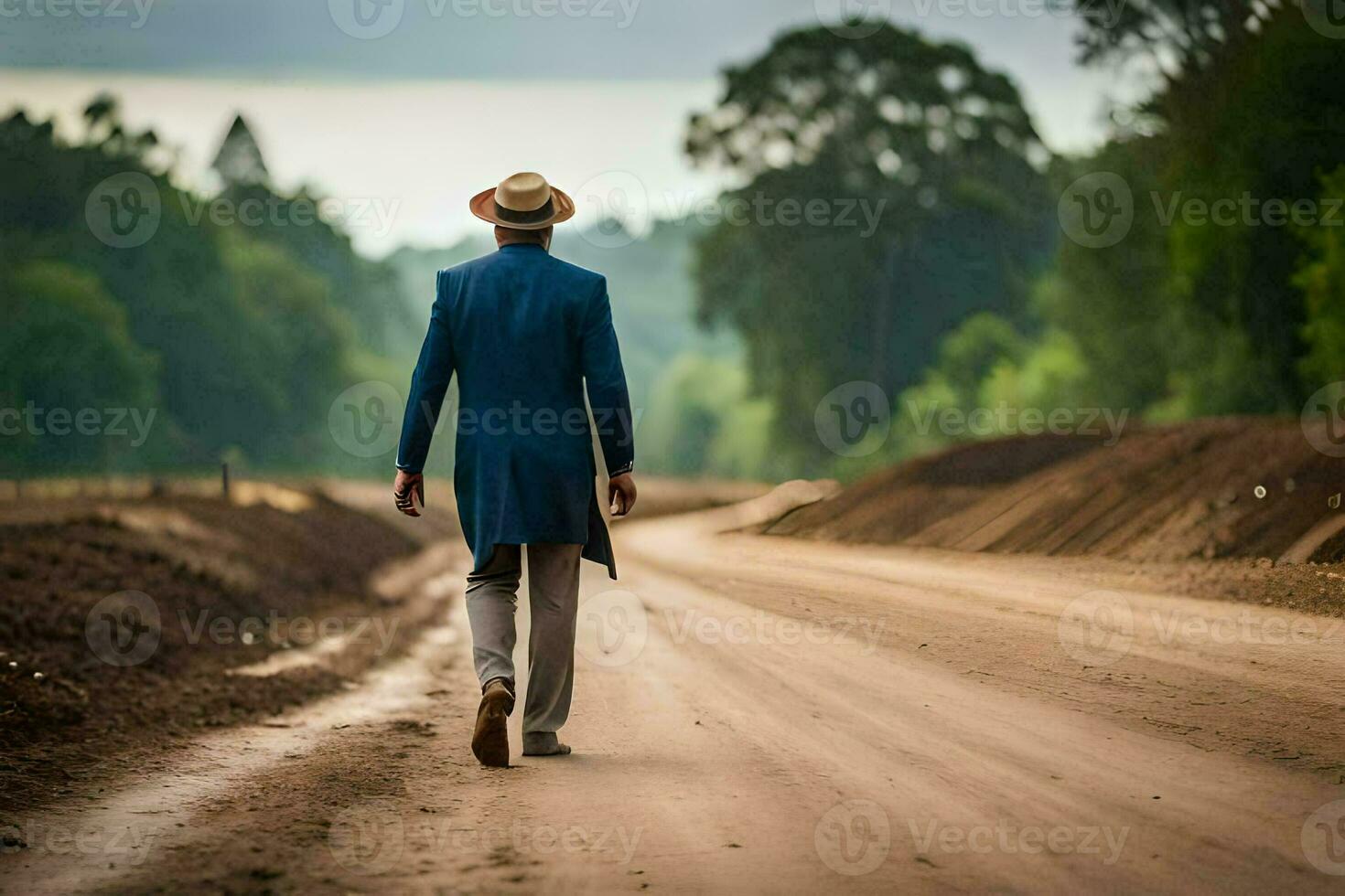a man in a blue suit and hat walking down a dirt road. AI-Generated photo