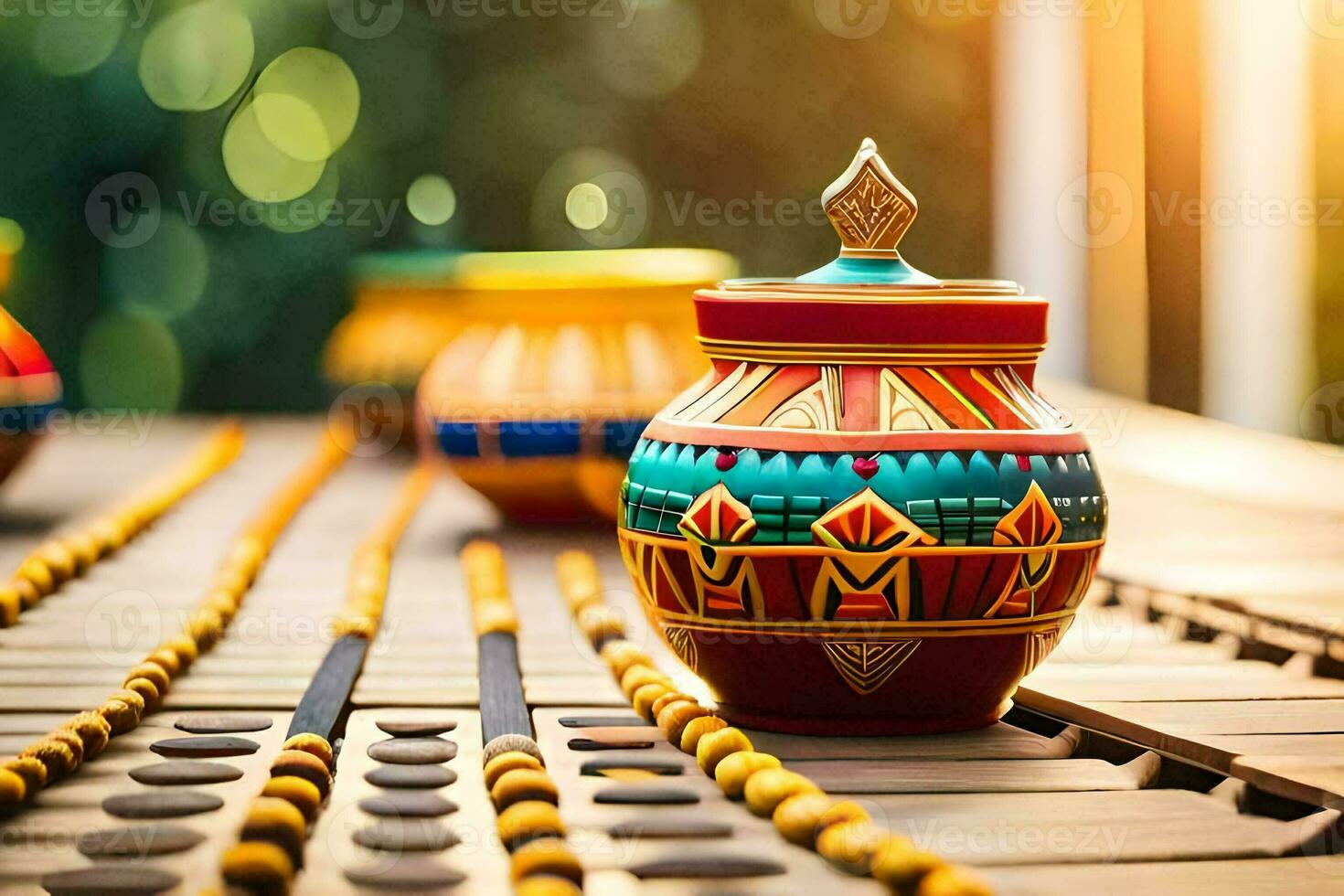 colorful pottery on a wooden table. AI-Generated photo