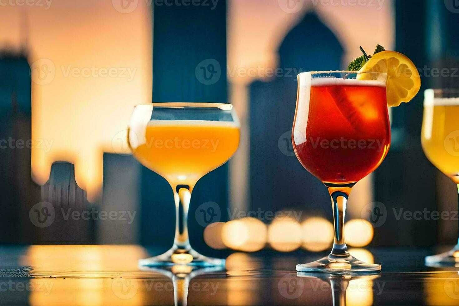 three glasses of different drinks on a table. AI-Generated photo
