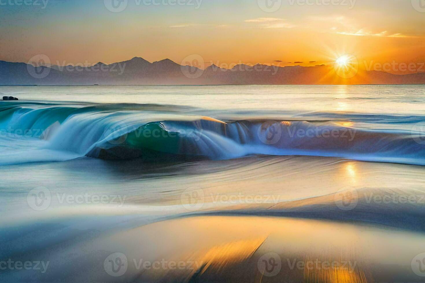 the sun rises over the ocean and waves. AI-Generated photo