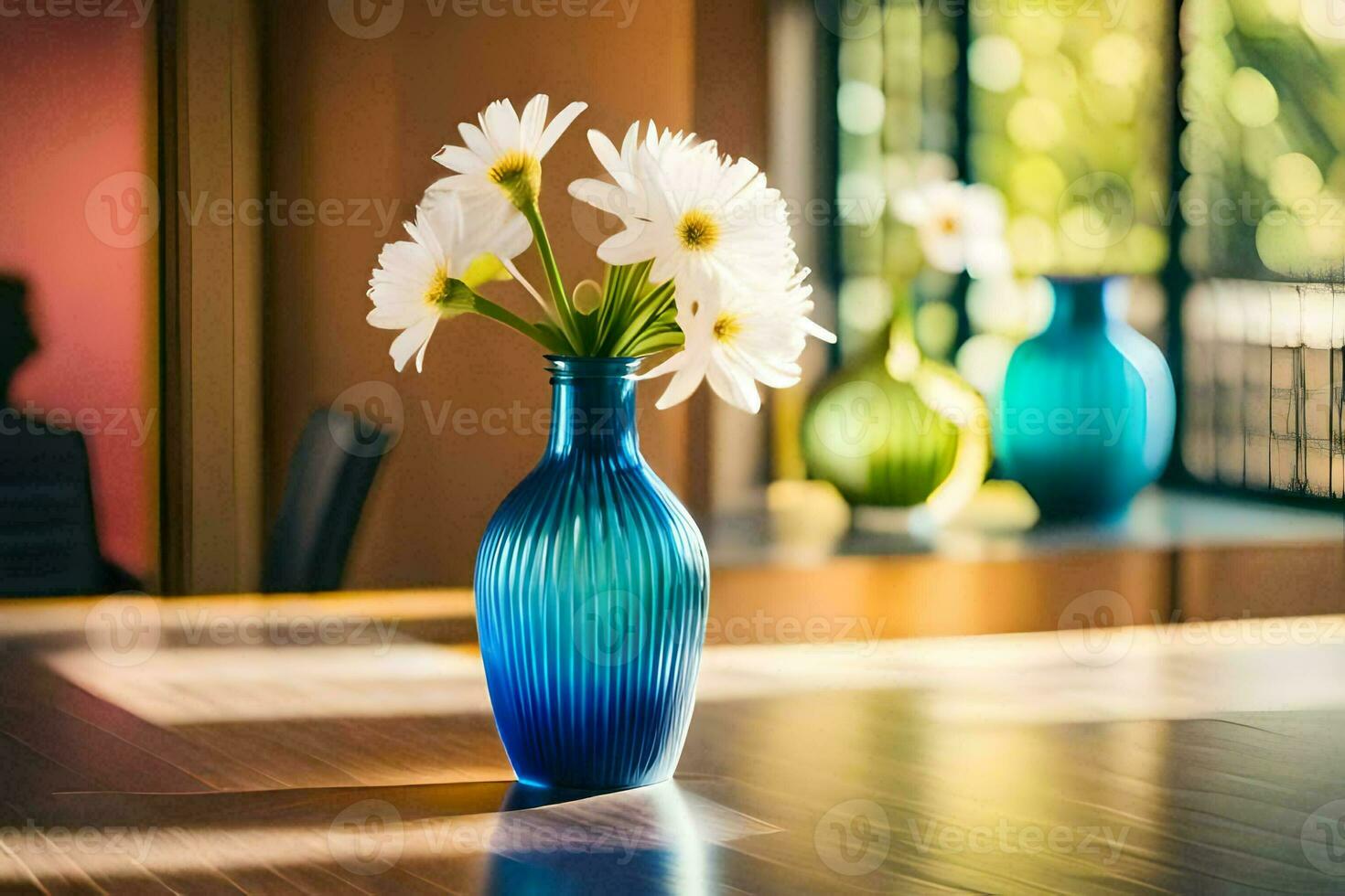 a blue vase with white flowers sitting on a table. AI-Generated photo