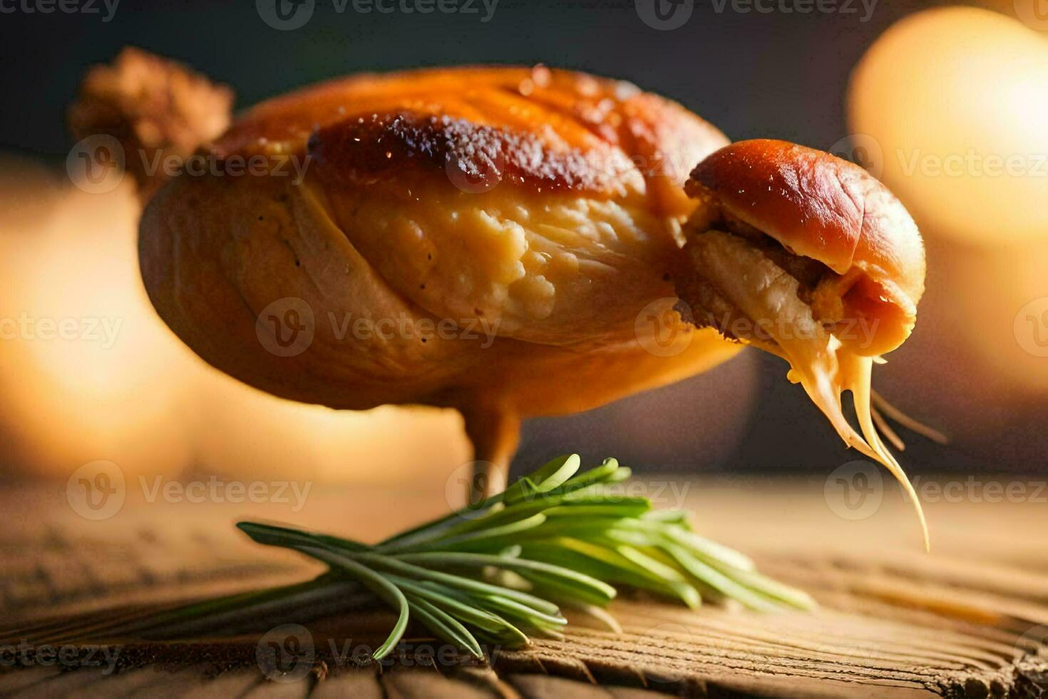 a chicken with a rosemary sprig on top. AI-Generated photo