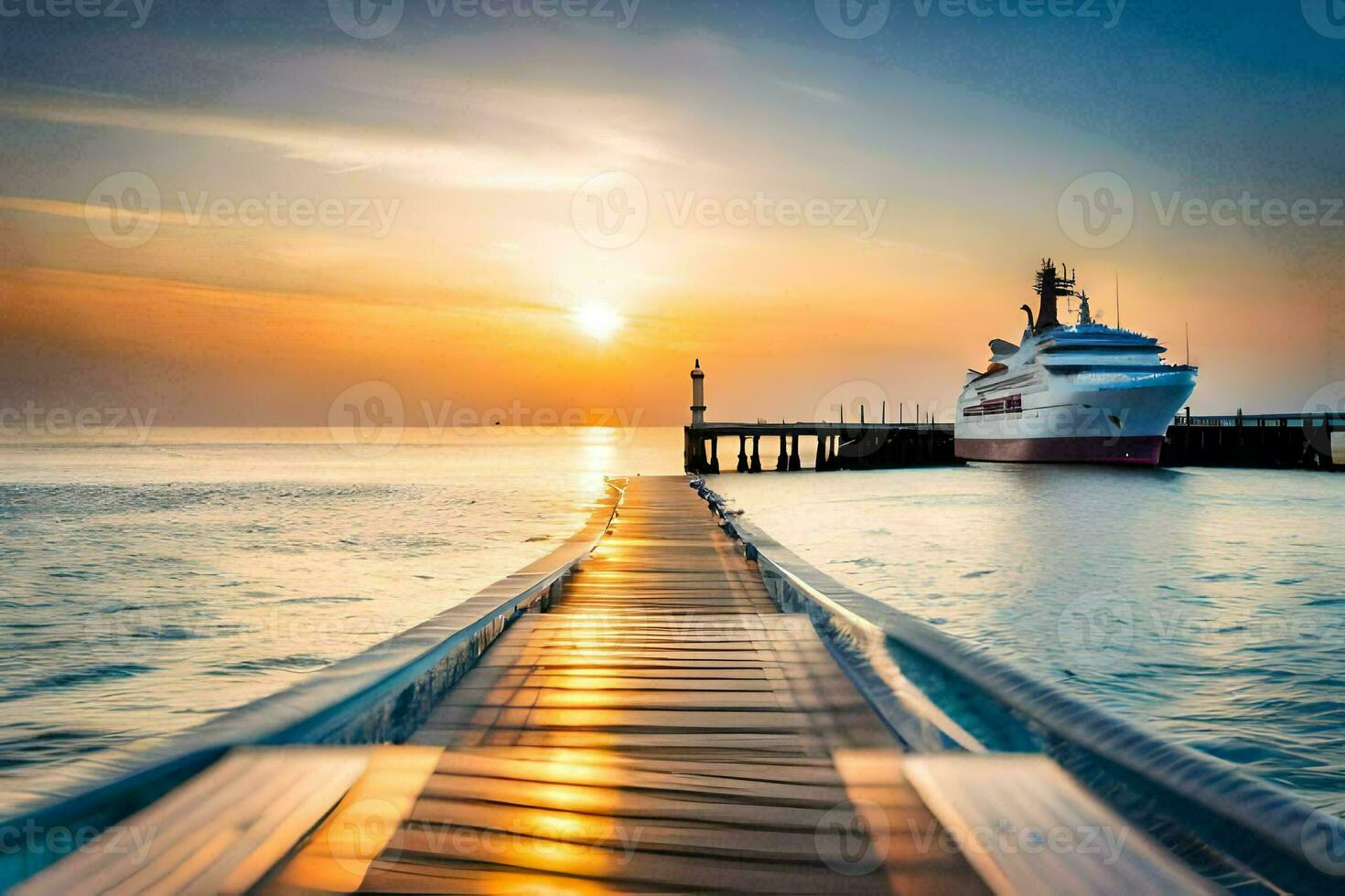 a boat docked at the end of a pier at sunset. AI-Generated photo