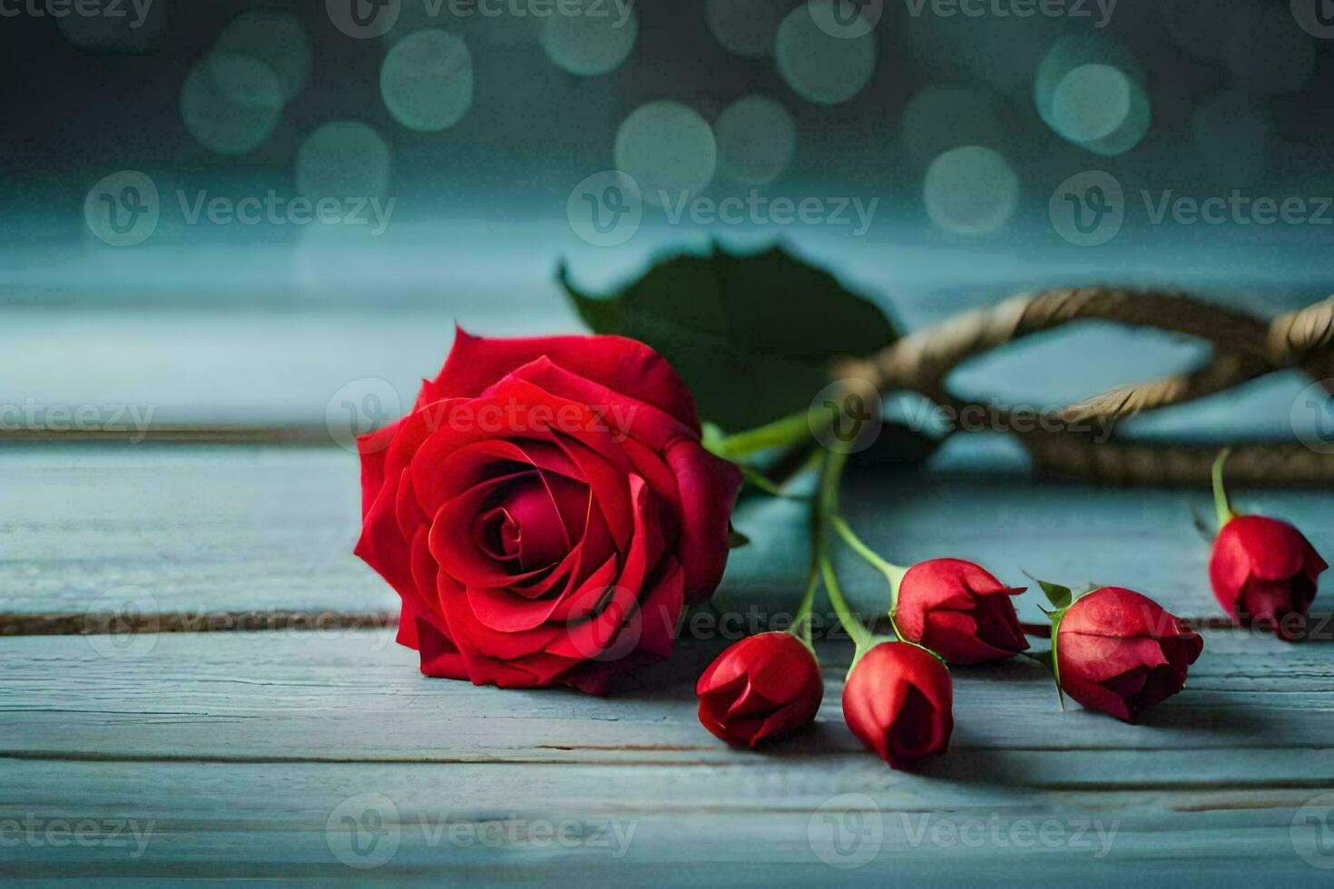 red roses on a wooden table with a rope. AI-Generated photo