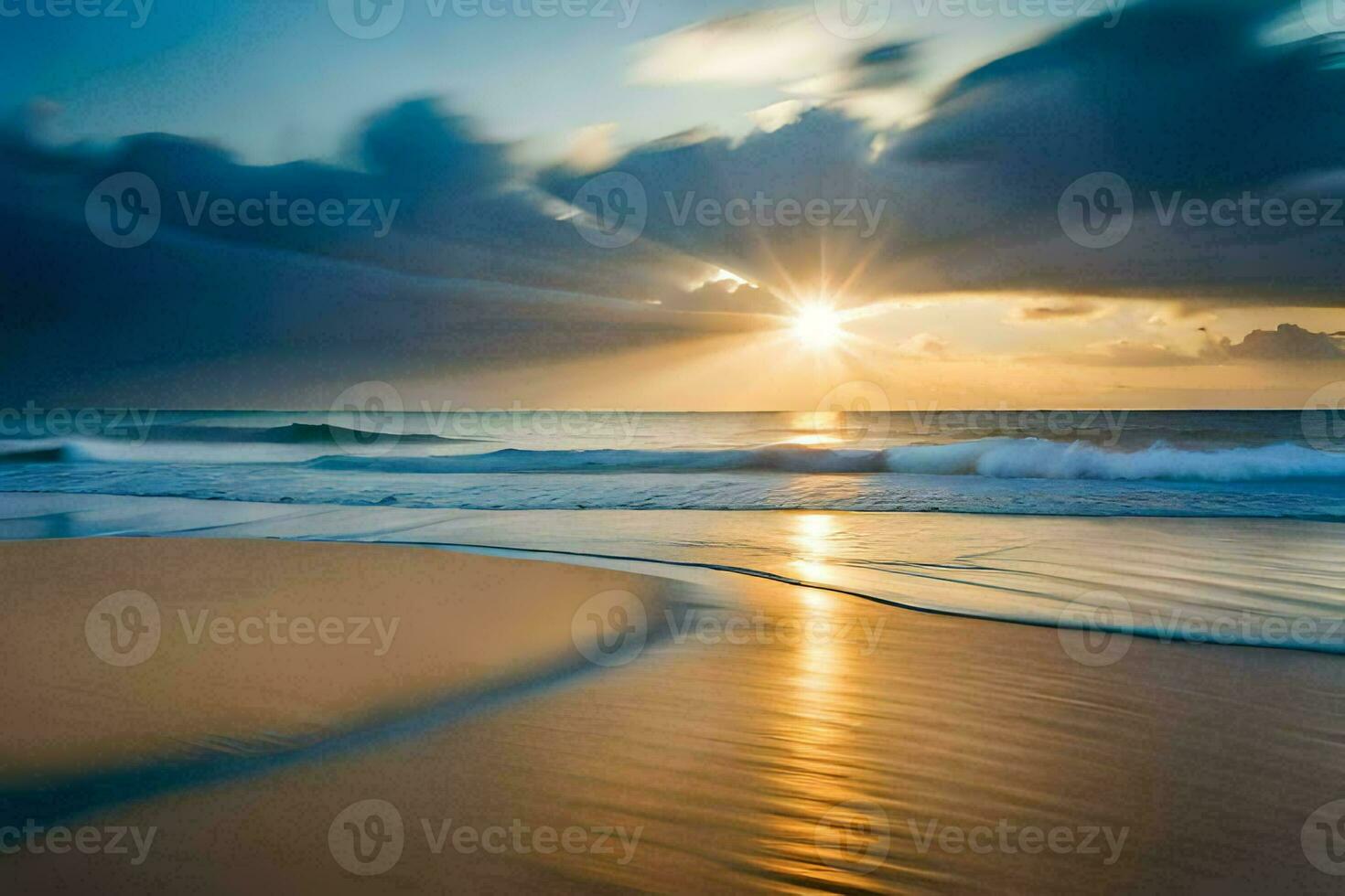 the sun rises over the ocean and waves on a beach. AI-Generated photo