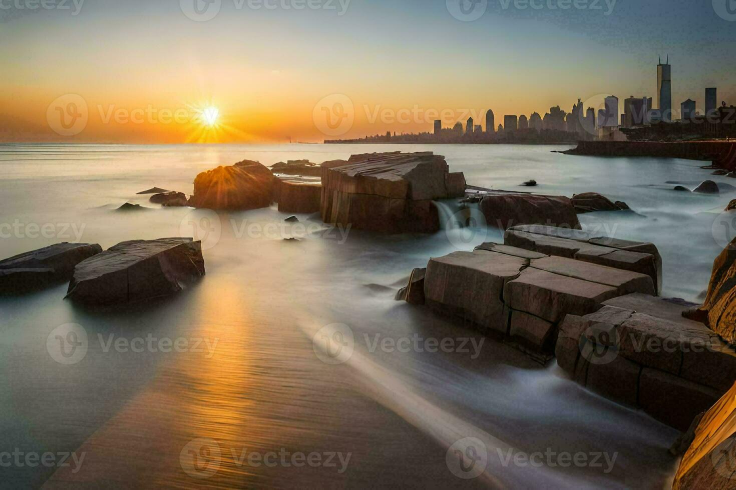 the sun sets over the city skyline in chicago. AI-Generated photo