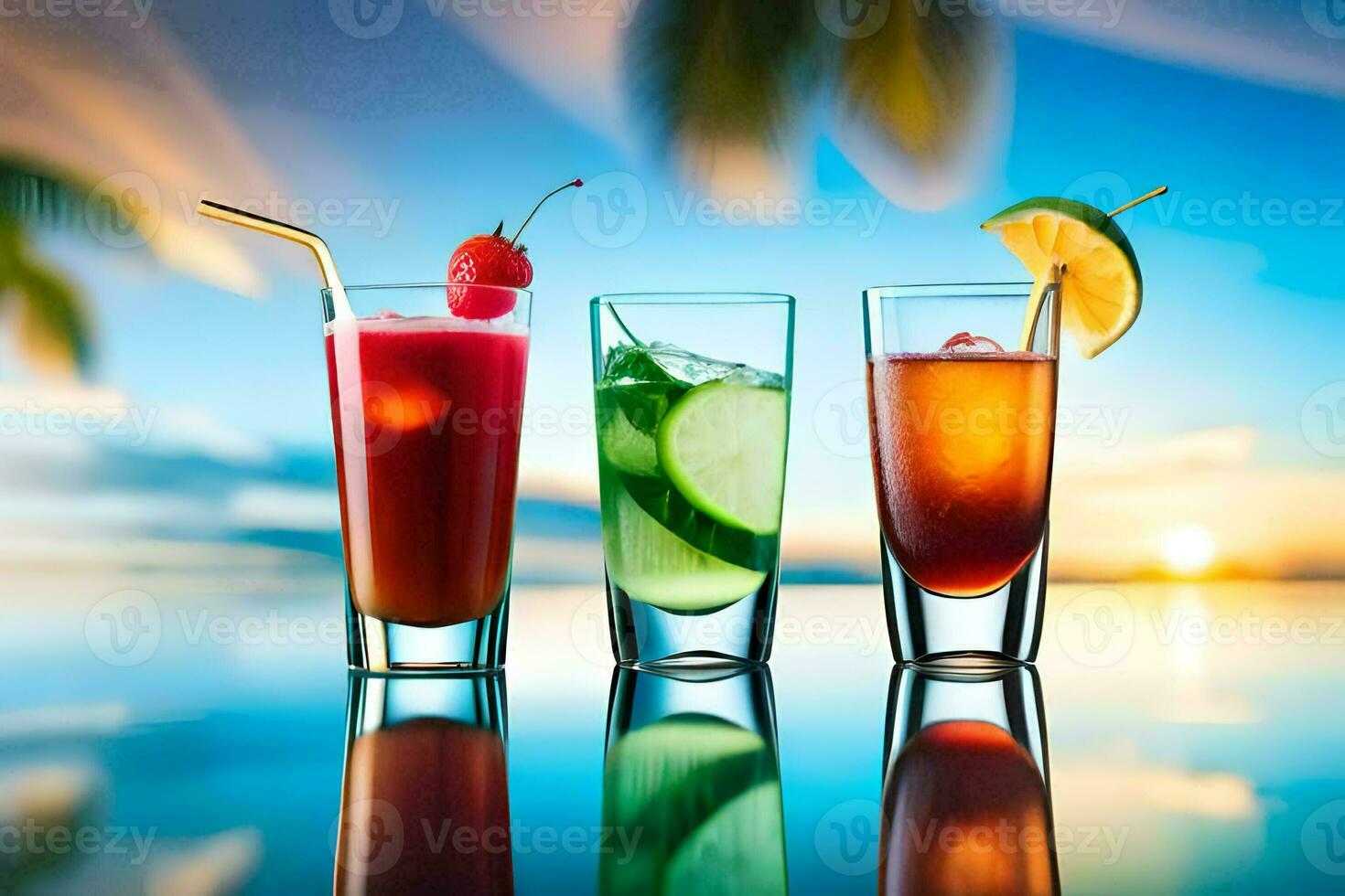three different drinks are lined up on a table. AI-Generated photo