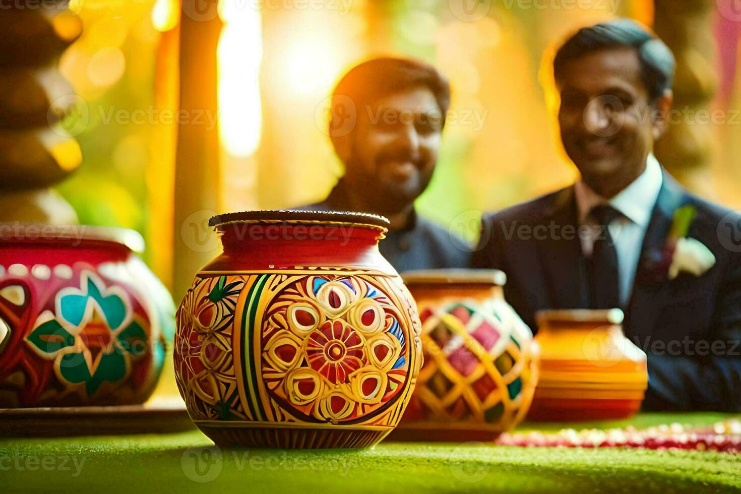 two men in suits sitting in front of colorful vases. AI-Generated photo