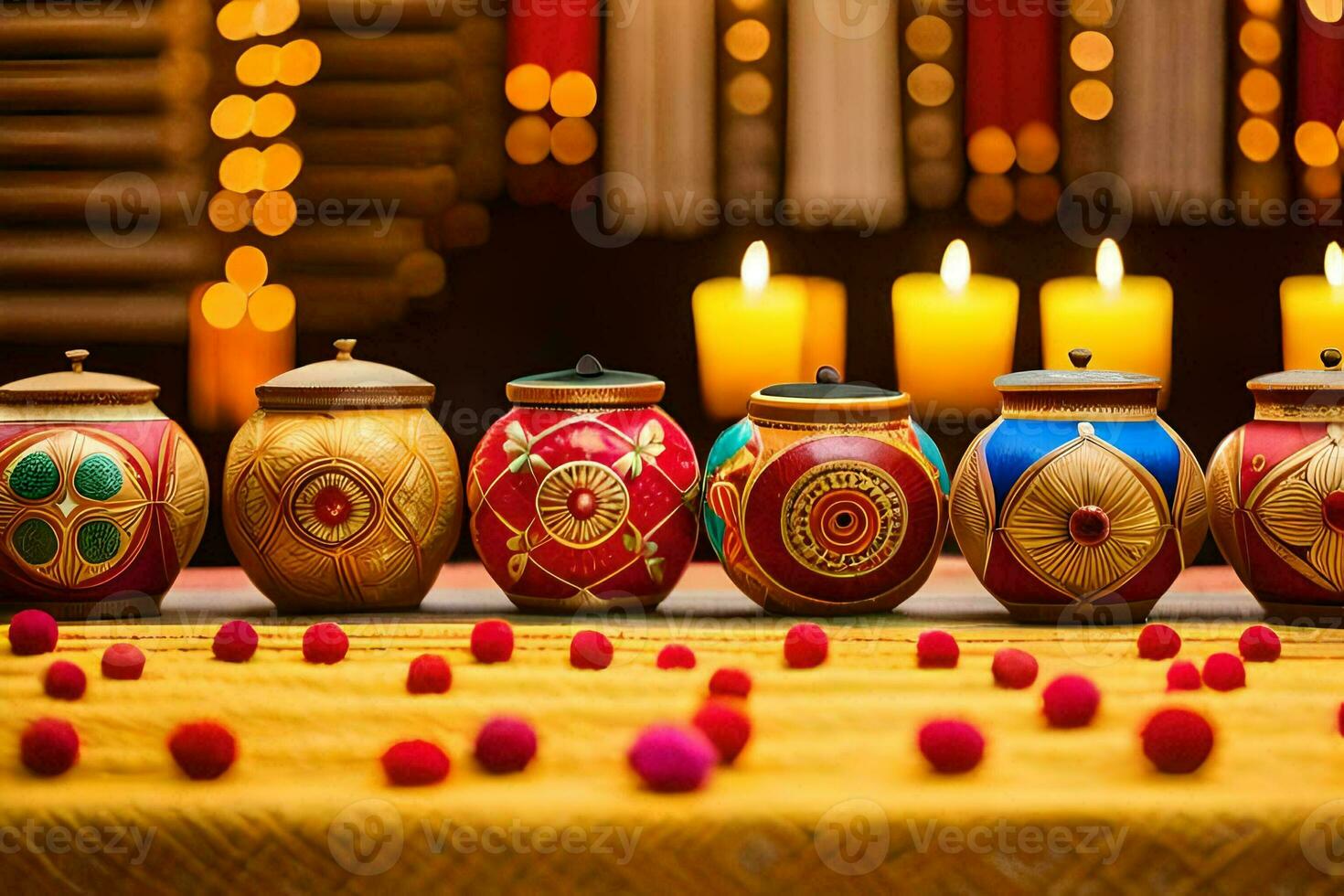 a row of colorful pots with candles in front of them. AI-Generated photo