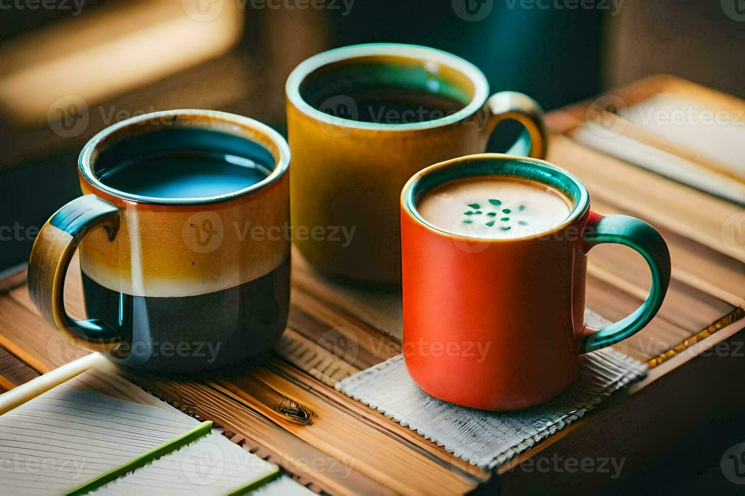 three coffee mugs on a table. AI-Generated photo