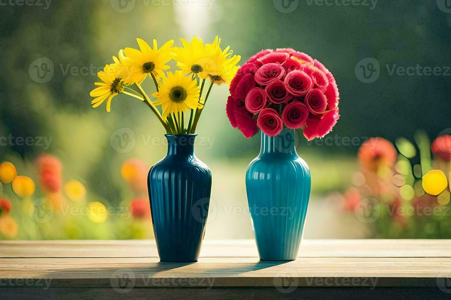 two blue vases with flowers on a wooden table. AI-Generated photo