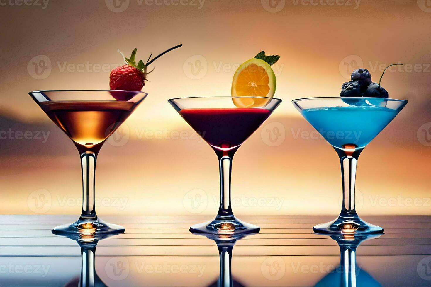three martini glasses with different colored drinks. AI-Generated photo