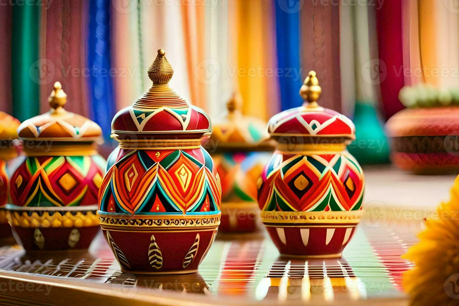 colorful painted pots on a table with colorful curtains. AI-Generated photo