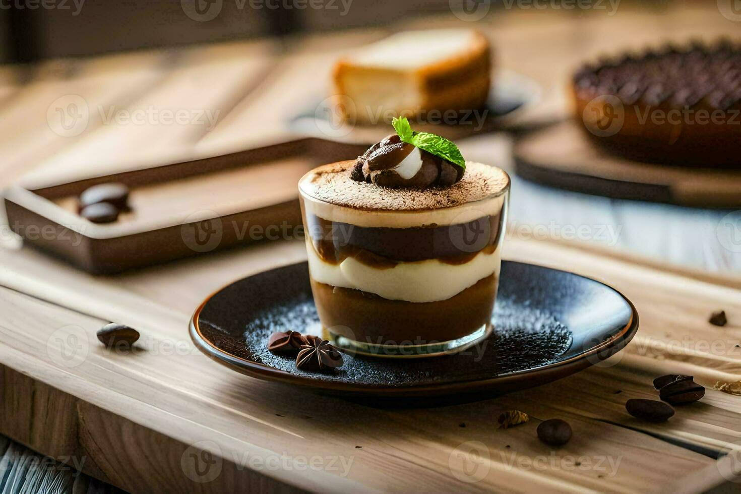 the dessert is served on a wooden table. AI-Generated photo