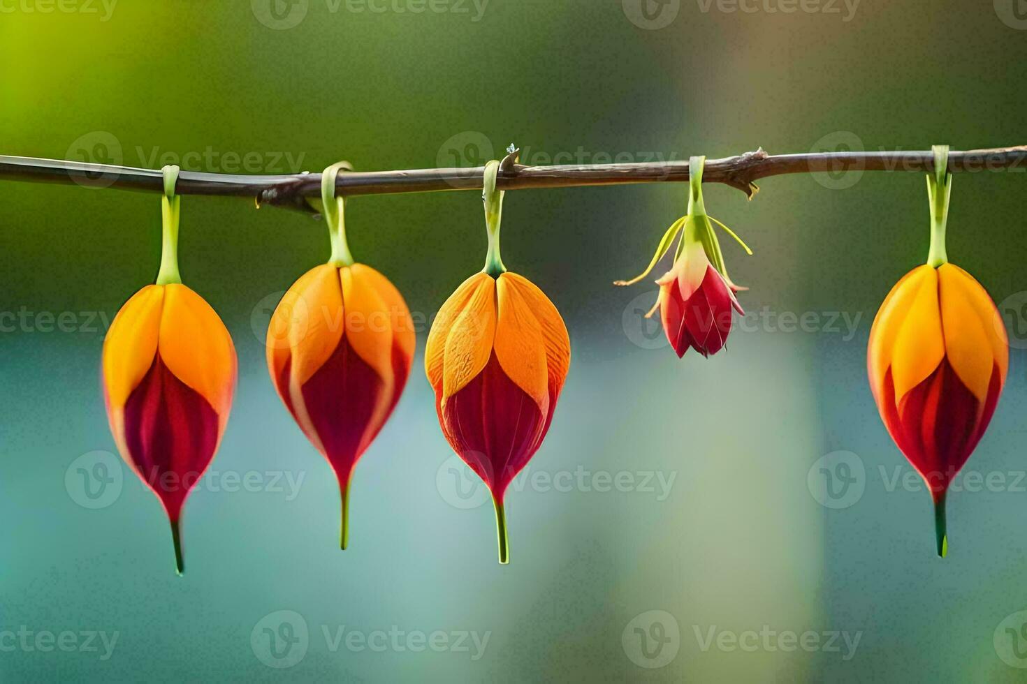four orange and red flowers hang from a branch. AI-Generated photo