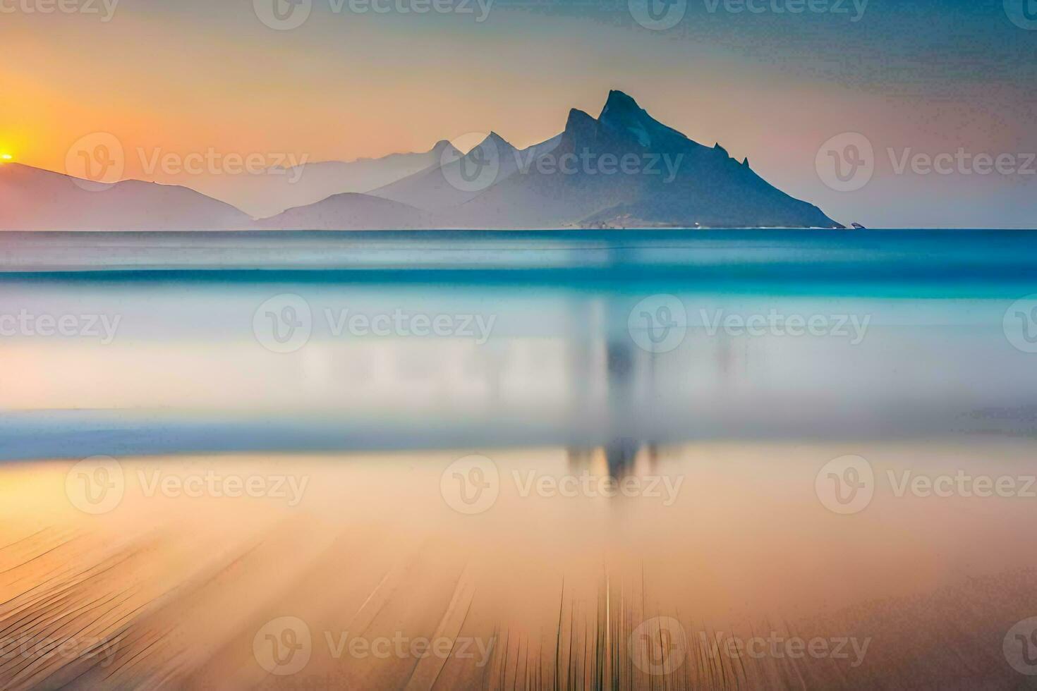 a long exposure photograph of a mountain range at sunset. AI-Generated photo