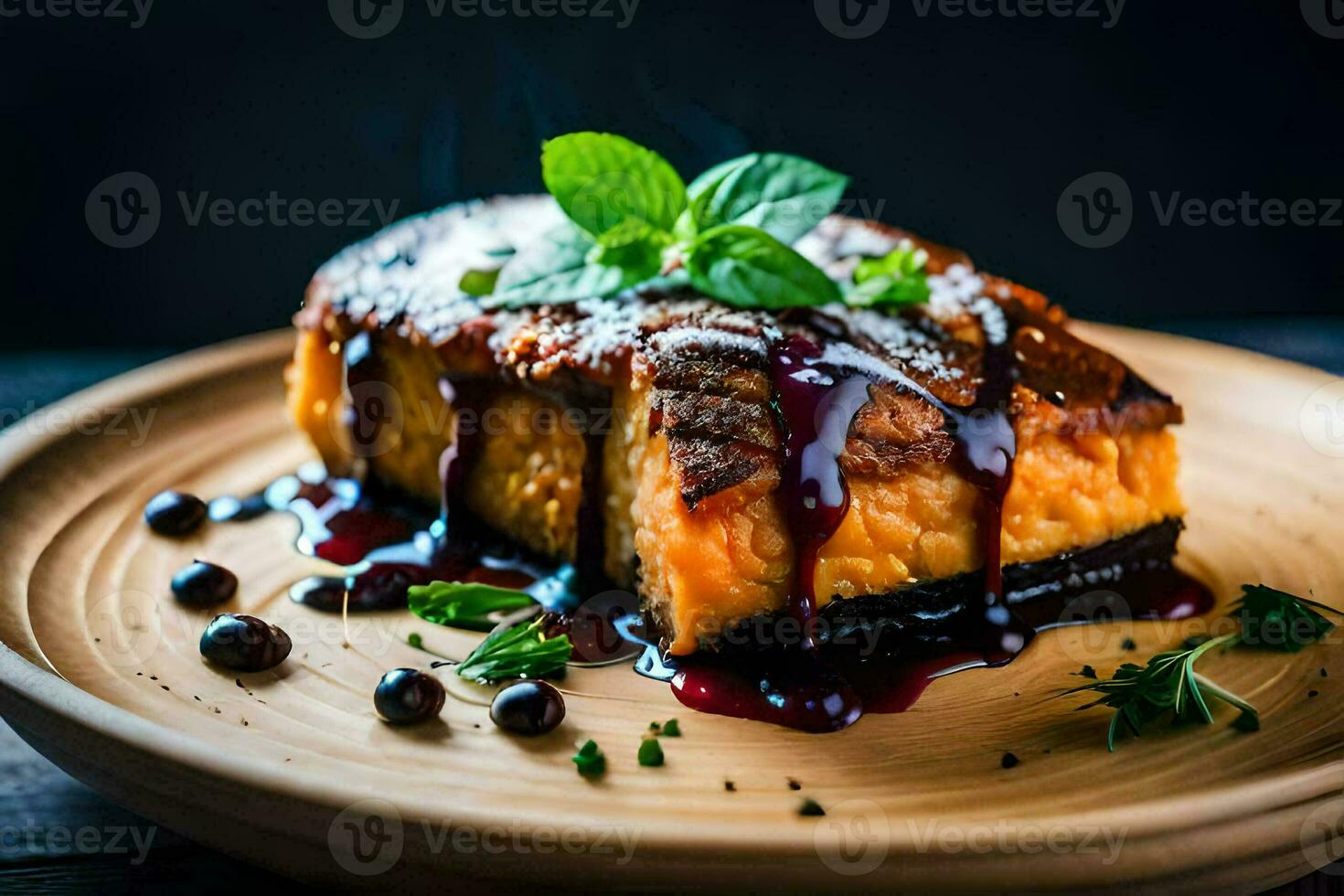 a piece of meat on a plate with sauce. AI-Generated photo