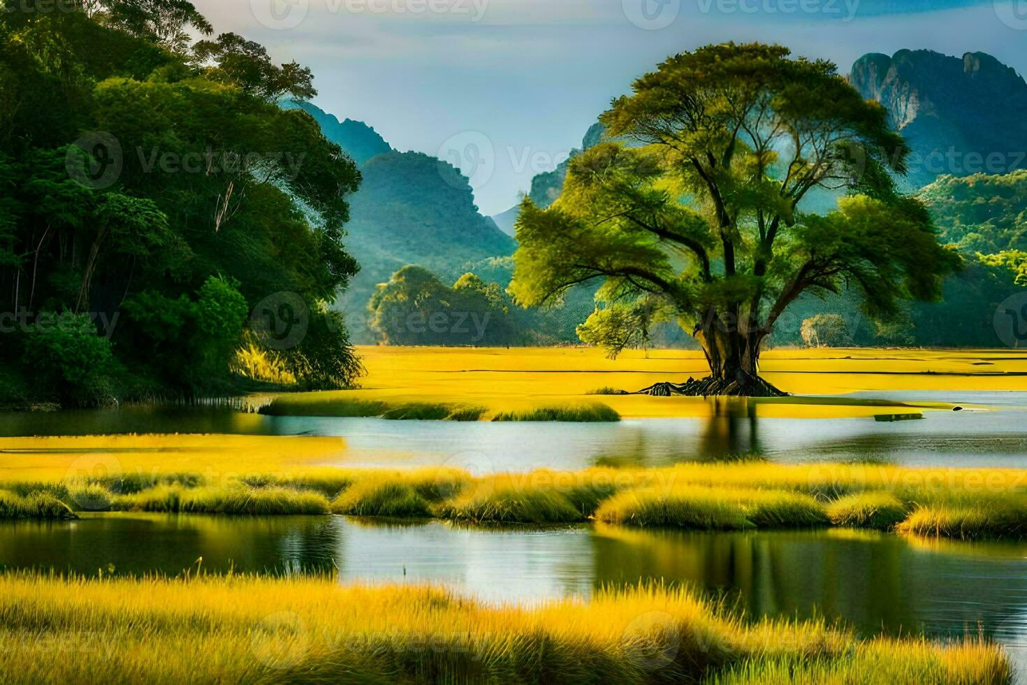 a tree in the middle of a river with grass and mountains. AI-Generated photo