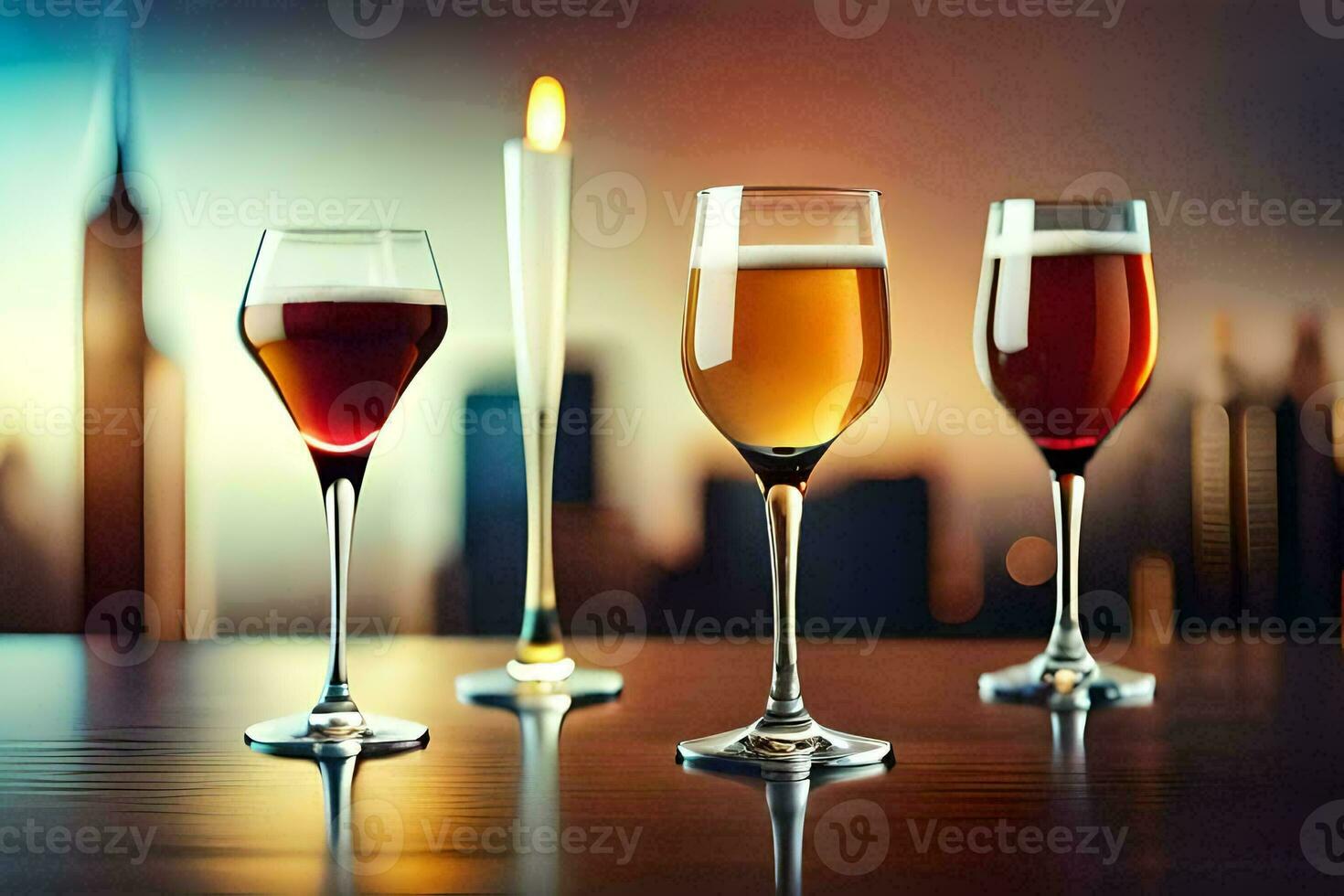 three glasses of wine on a table with cityscape in the background. AI-Generated photo