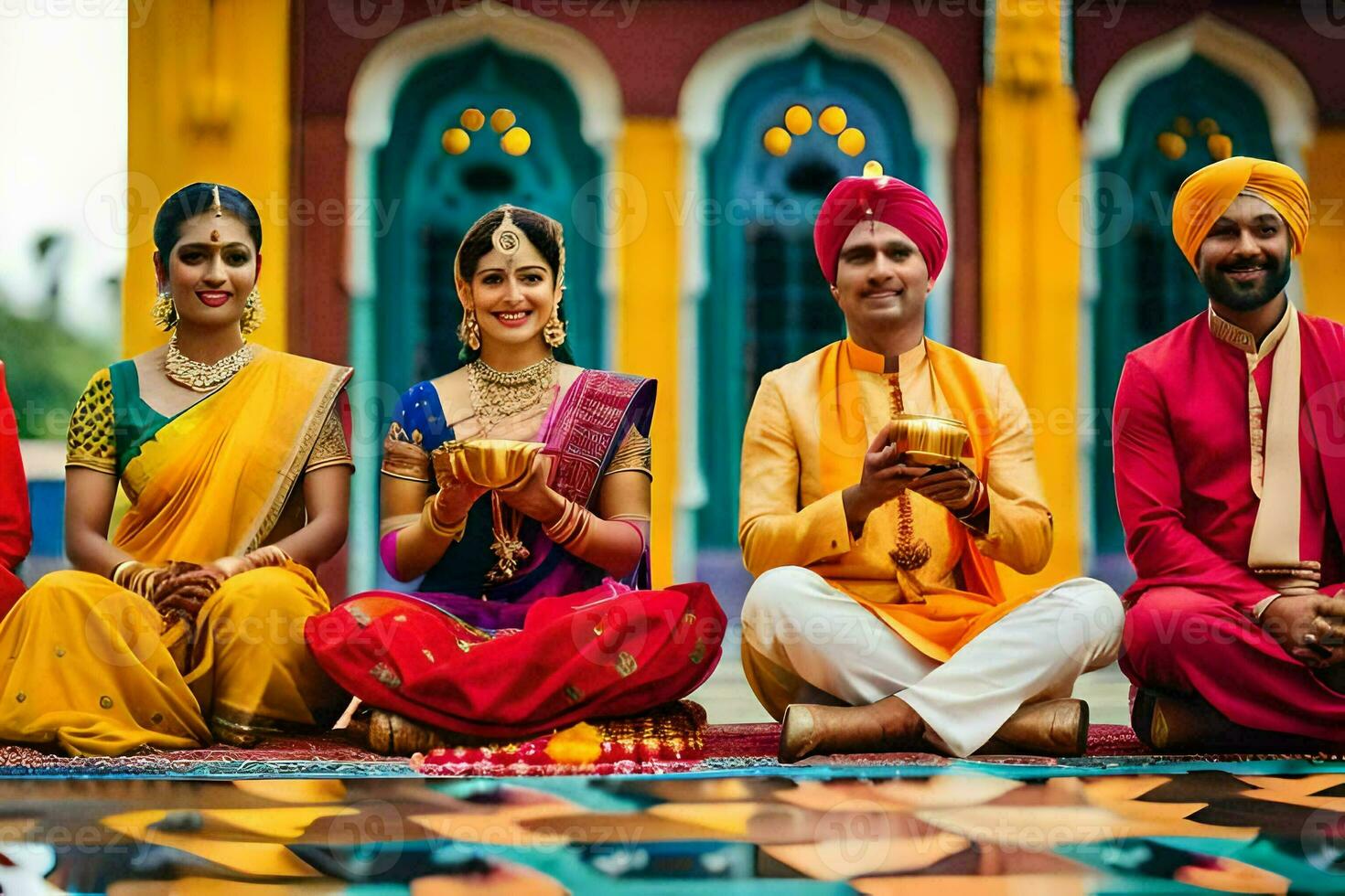 a group of people in colorful outfits sitting on the floor. AI-Generated photo