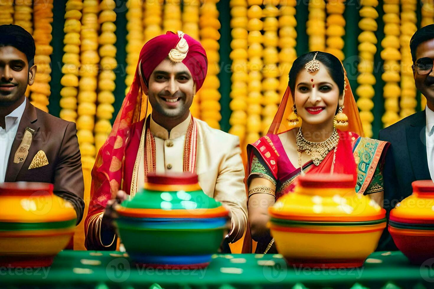 a couple and their friends in traditional indian attire. AI-Generated photo