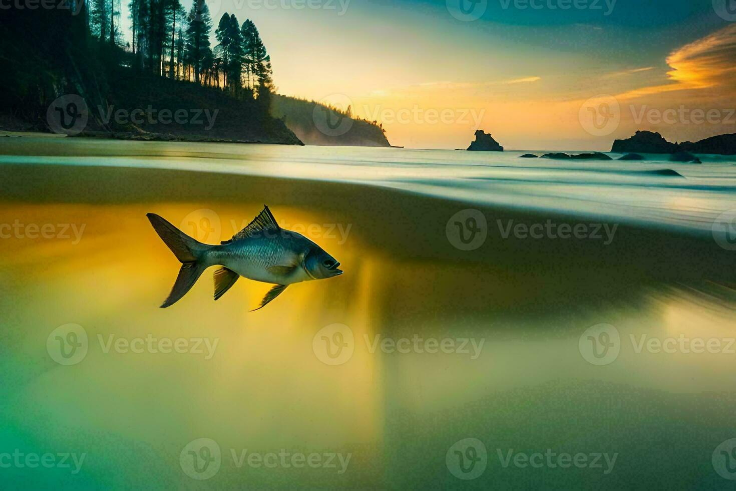 a fish swimming in the ocean at sunset. AI-Generated photo