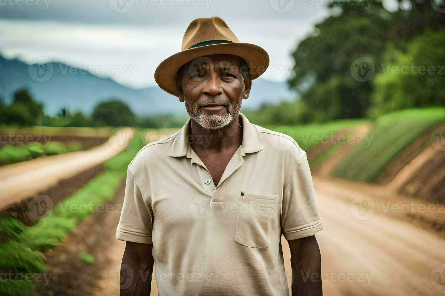 an african man in a hat standing in a dirt road. AI-Generated photo