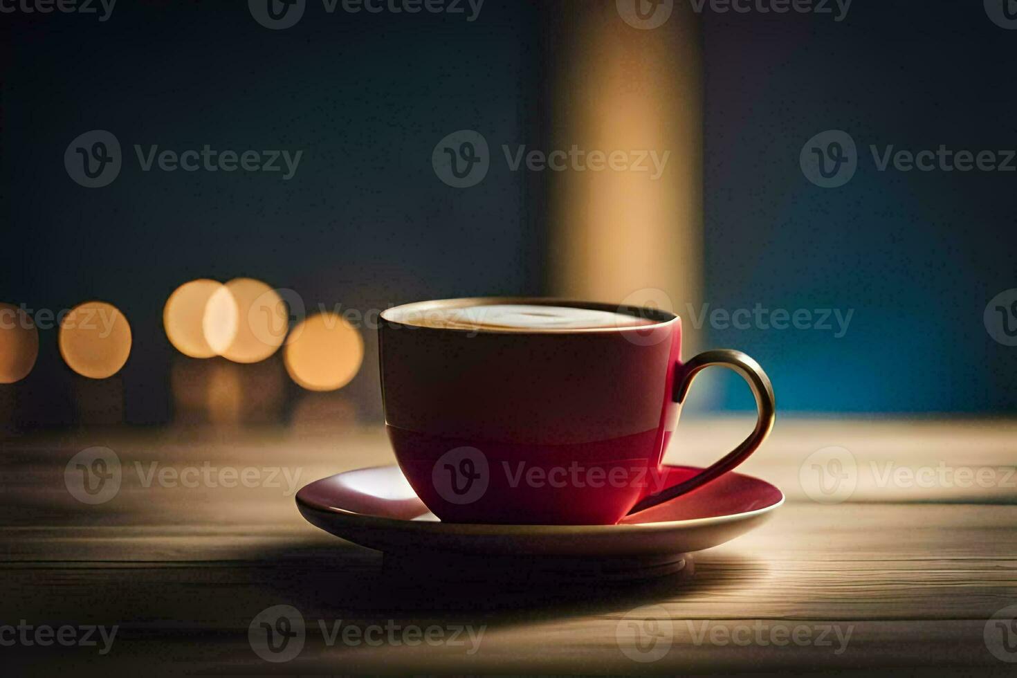 a red cup of coffee on a wooden table. AI-Generated photo