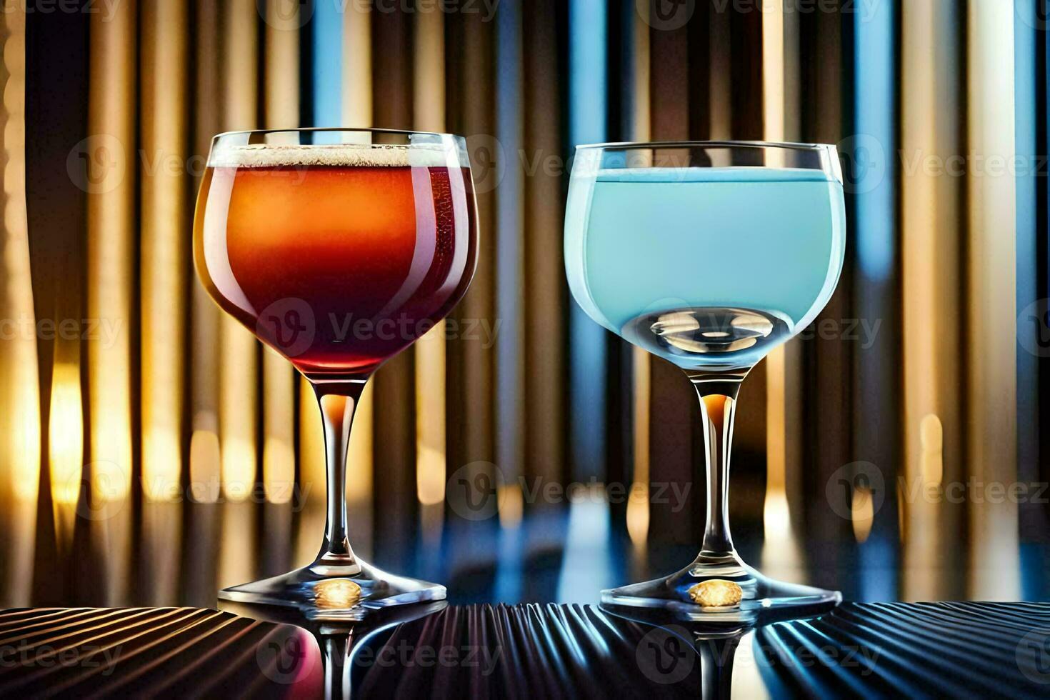 two glasses of different colored drinks sit on a table. AI-Generated photo