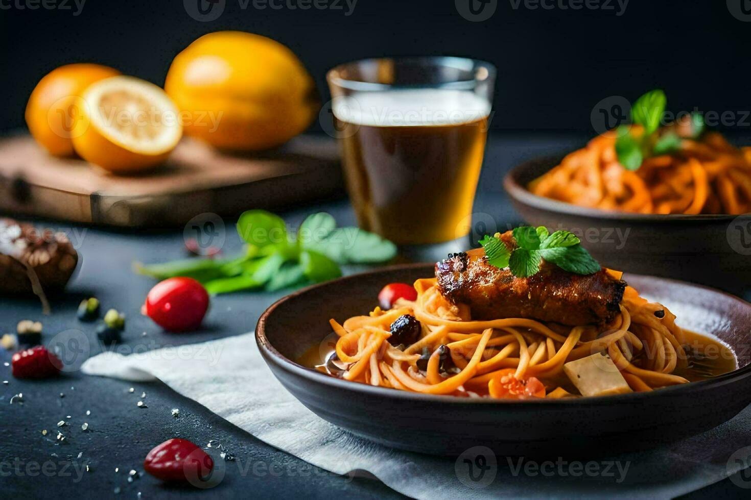 spaghetti with meat and vegetables in a bowl. AI-Generated photo
