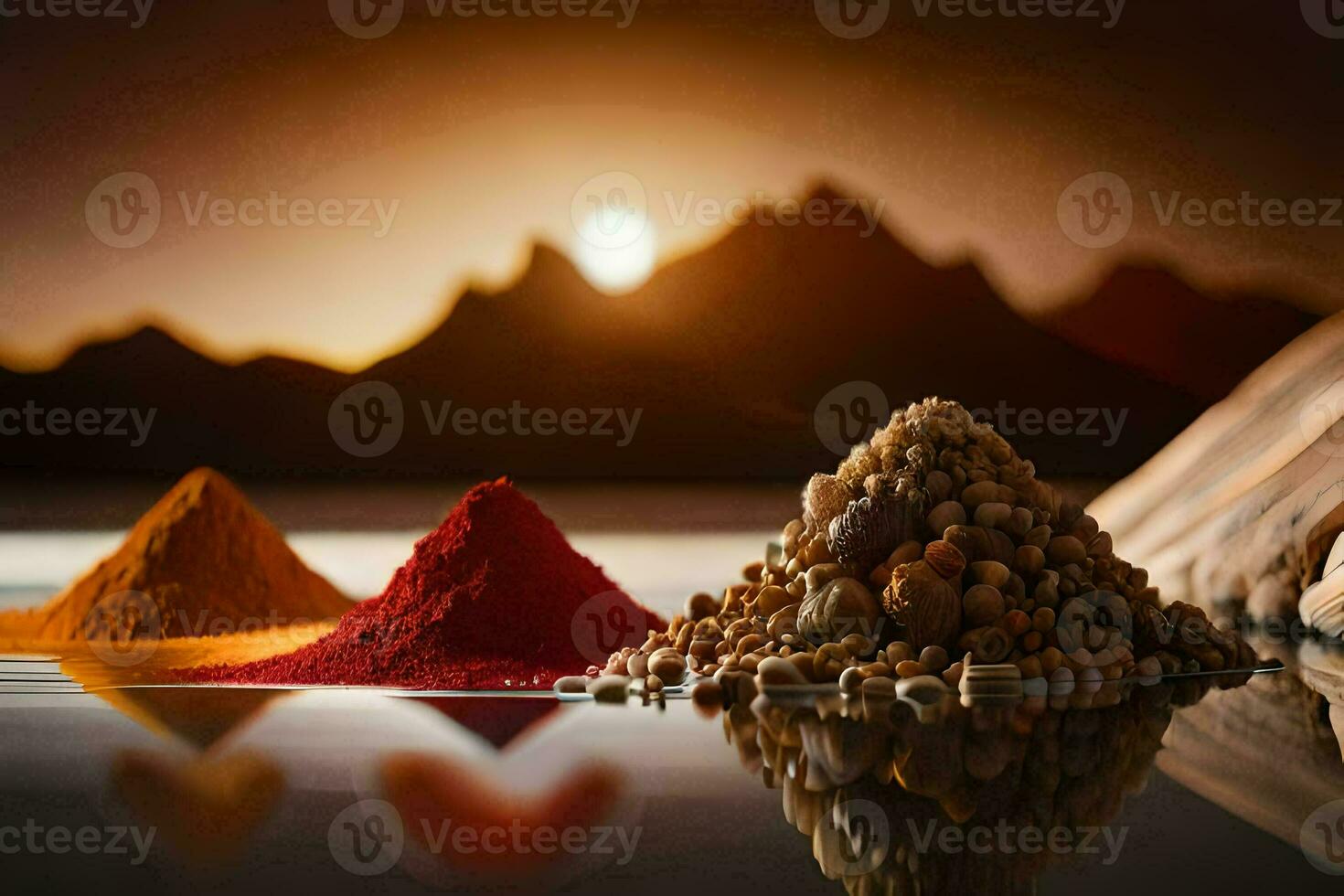 spices and spices on a table with mountains in the background. AI-Generated photo