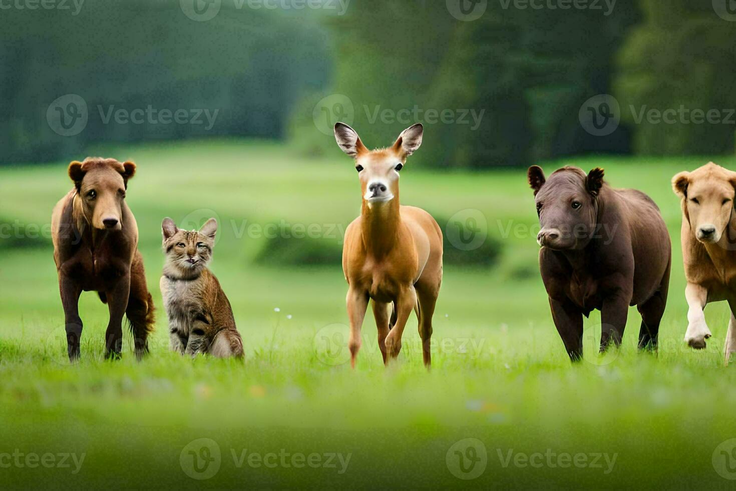 a group of deer and a cat in a field. AI-Generated photo