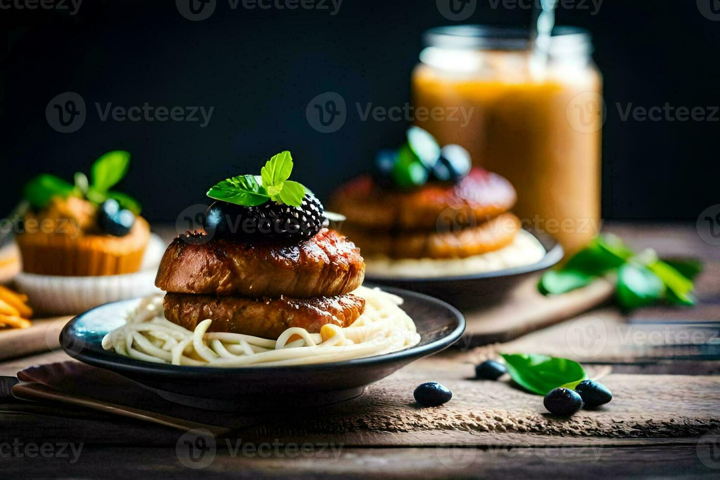 a plate of spaghetti with meatballs and blueberries. AI-Generated photo