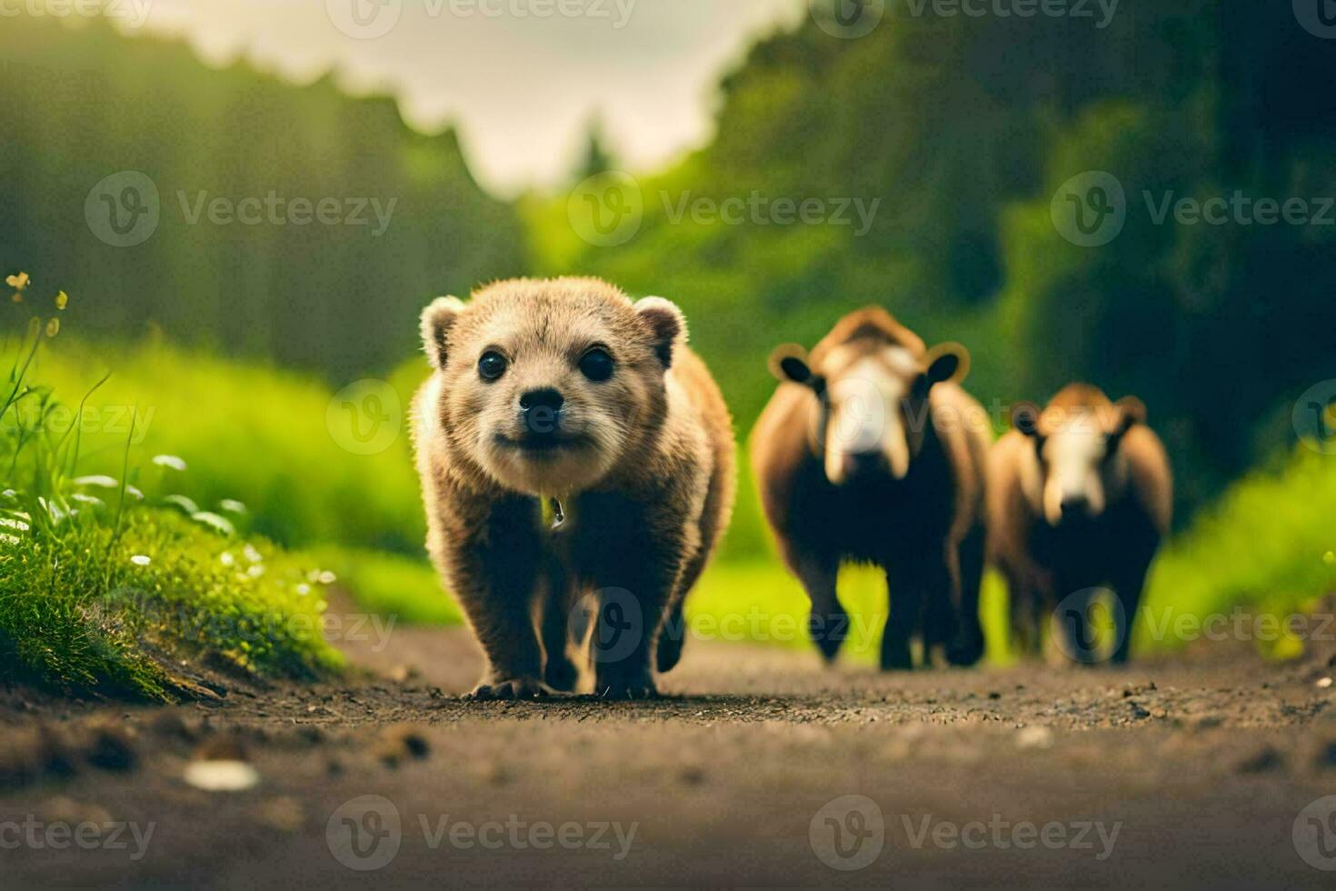 three small animals walking down a road. AI-Generated photo
