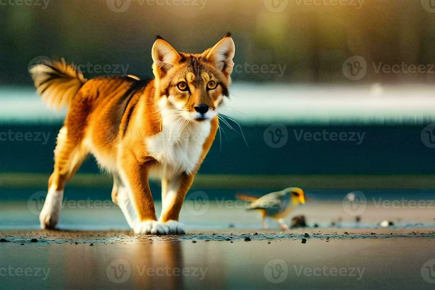 a dog and a bird walk on the beach. AI-Generated photo