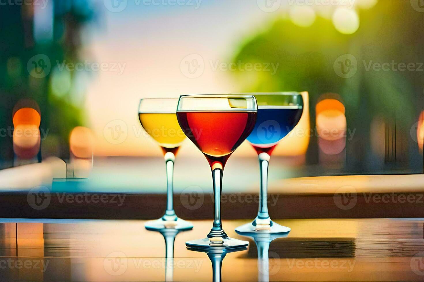 three glasses of wine on a table with a sunset in the background. AI-Generated photo