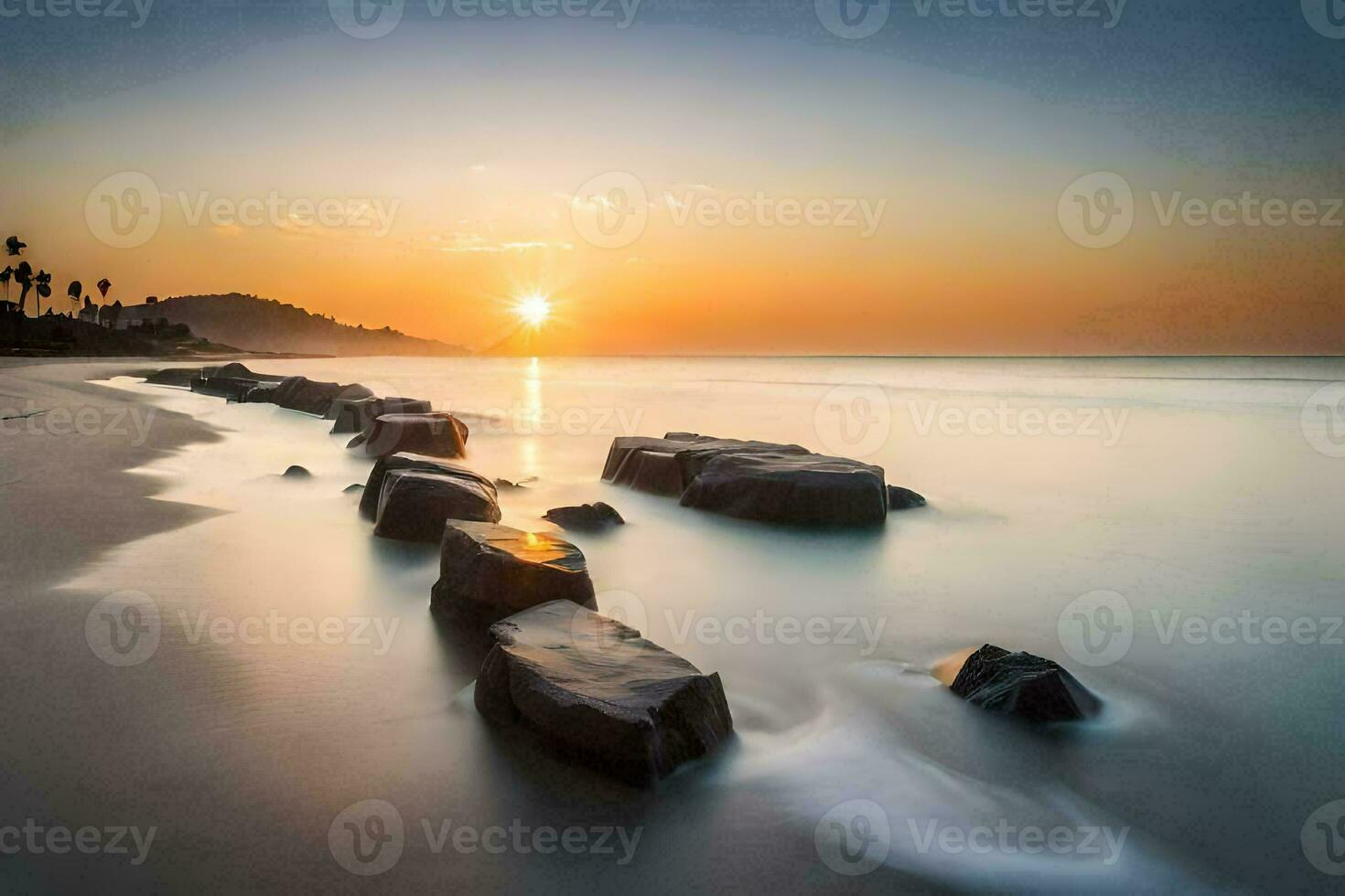 the sun sets over the ocean and rocks in the water. AI-Generated photo