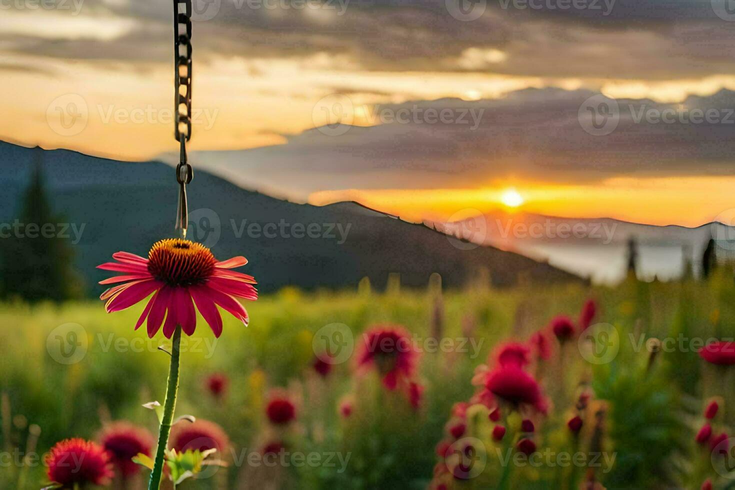 a pink flower is hanging from a chain in front of a mountain. AI-Generated photo