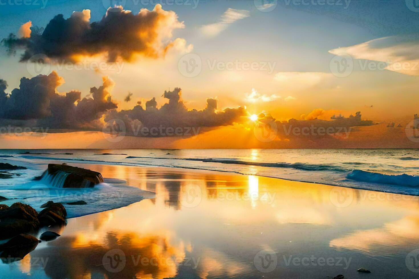 sunset on the beach, water, clouds, sky, ocean, beach, sunset, the. AI-Generated photo