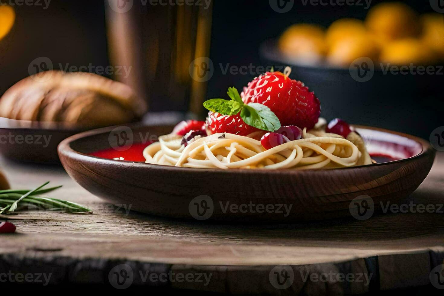 spaghetti with berries and bread on a wooden table. AI-Generated photo