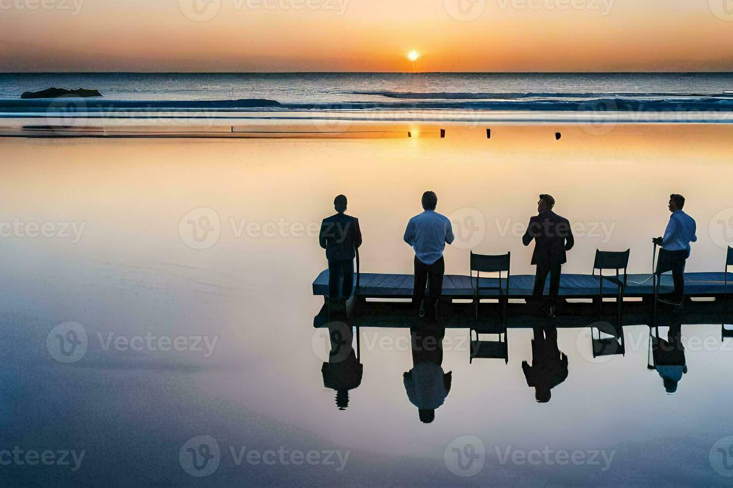 four men stand on a dock at sunset. AI-Generated photo