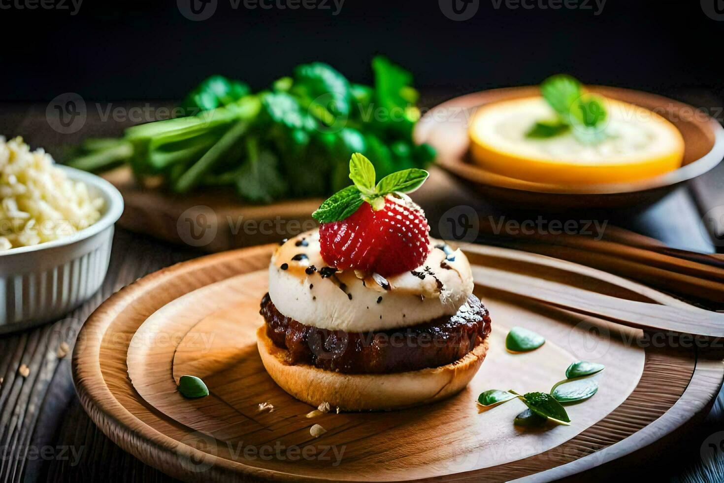 a hamburger with strawberries and mint on a plate. AI-Generated photo