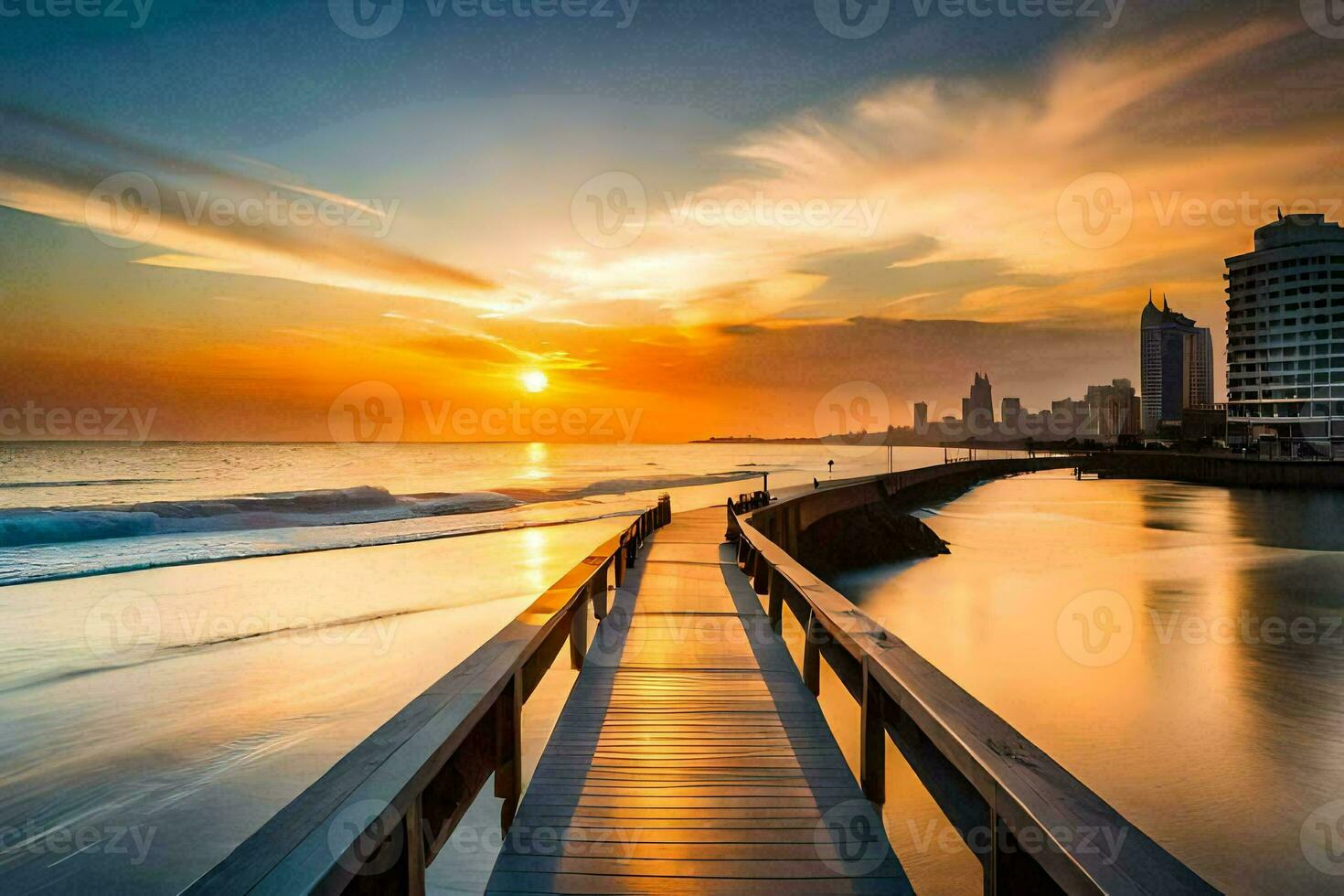 a wooden walkway leads to the ocean at sunset. AI-Generated photo