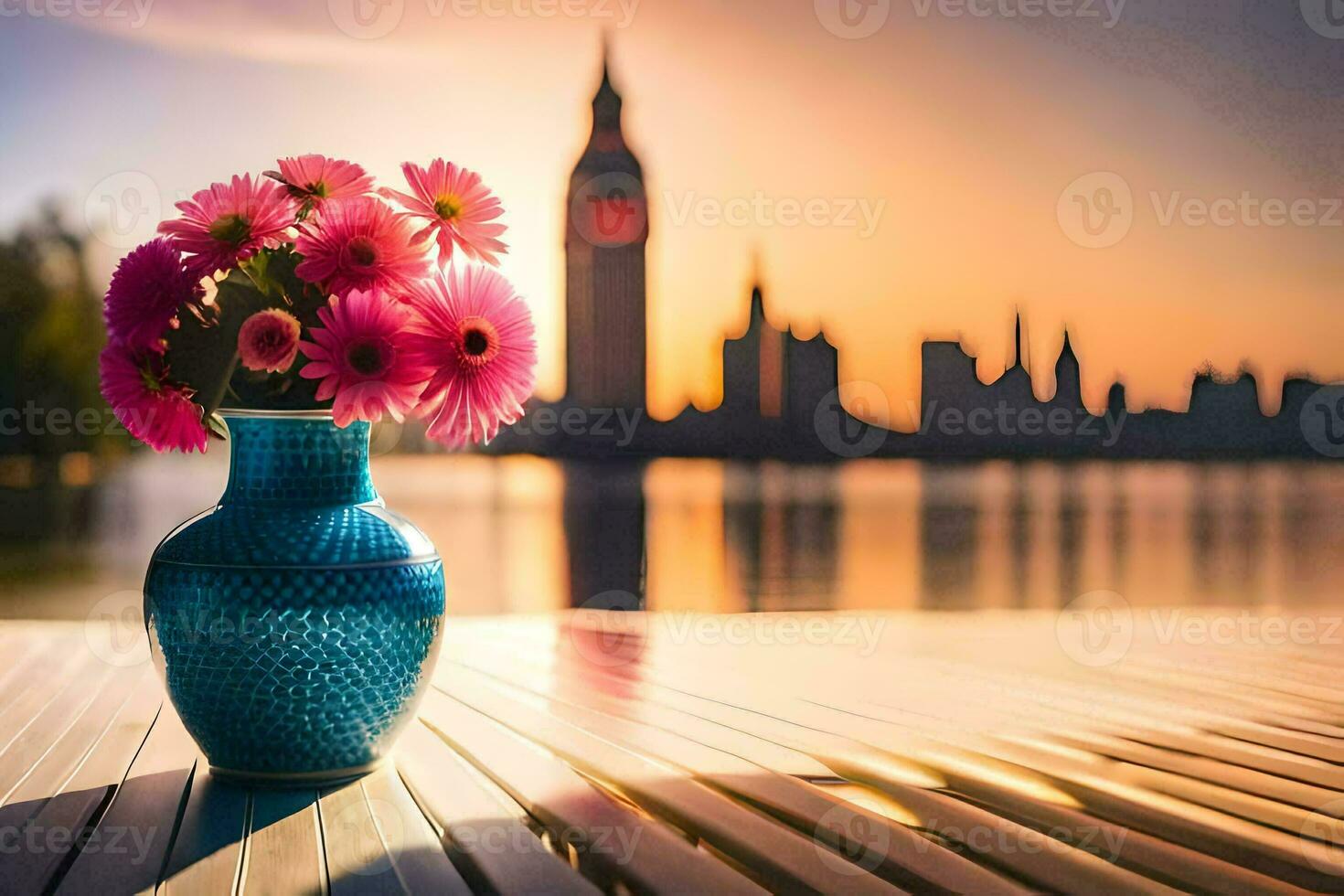 a vase with pink flowers sitting on a wooden table near a river. AI-Generated photo