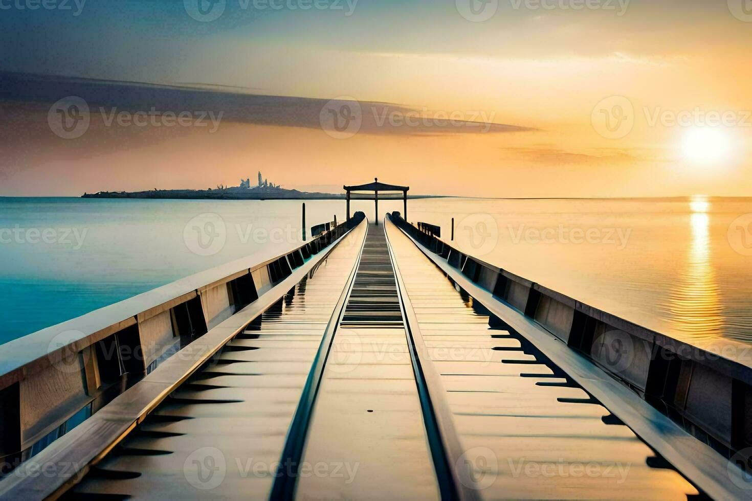 a long pier with a bridge leading to the ocean. AI-Generated photo