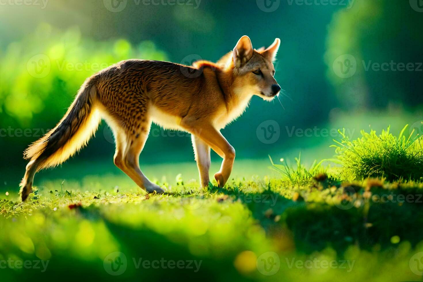 a red fox is walking across a green field. AI-Generated photo