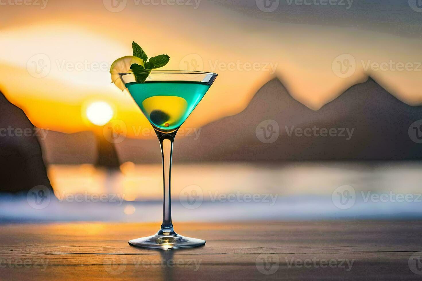 cocktail on the beach at sunset. AI-Generated photo