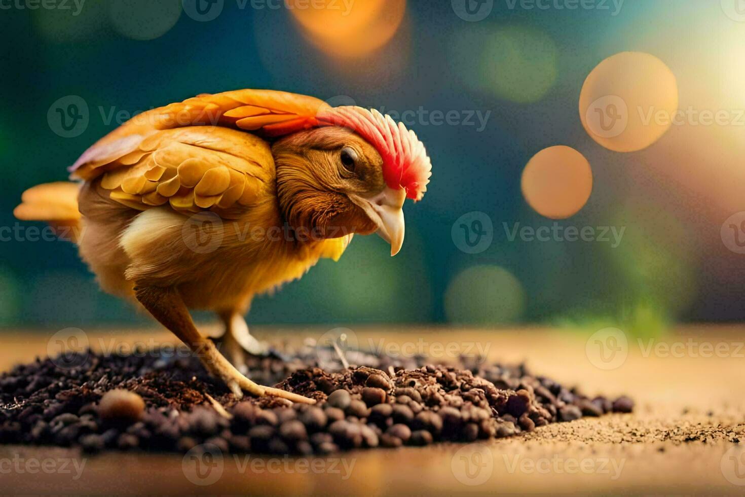a chicken is standing on top of a pile of coffee beans. AI-Generated photo