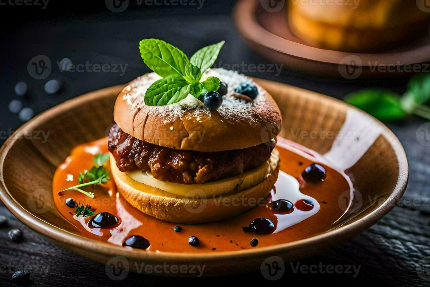 a plate with a burger on it. AI-Generated photo